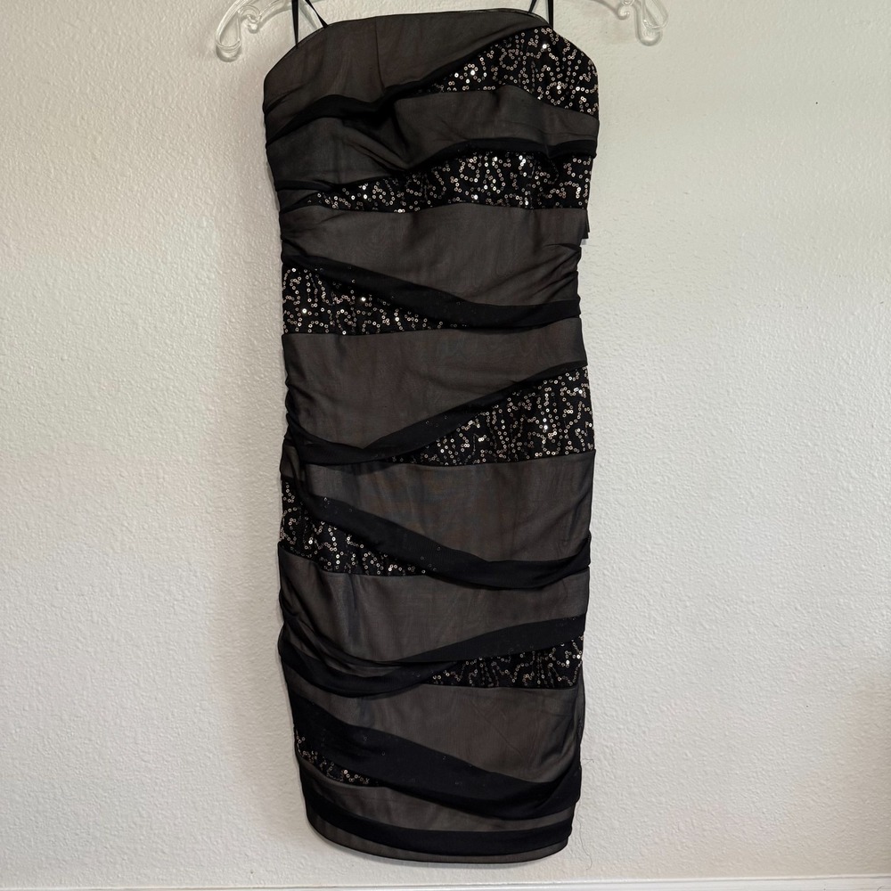 IZ Byer Strapless Bodycon Dress Women 7 Black Scattered Sequin Layered Party NWT